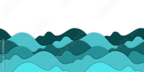 Papercut sea waves background. Teal and turquoise waves, paper art layered 3d effect. Seamless pattern,ocean water vector illustration