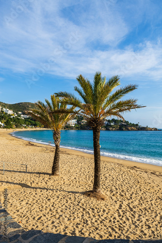 Panorama over the beautiful beach l'Almadrava in the gulf of Rosas, Mediterranean sea, Costa Brava, Catalonia, Spain.