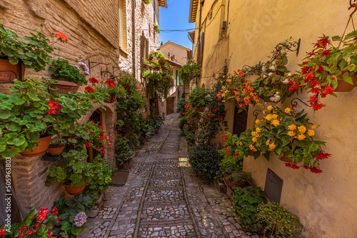 Street view of the medieval town of Spello in Umbria, Italy