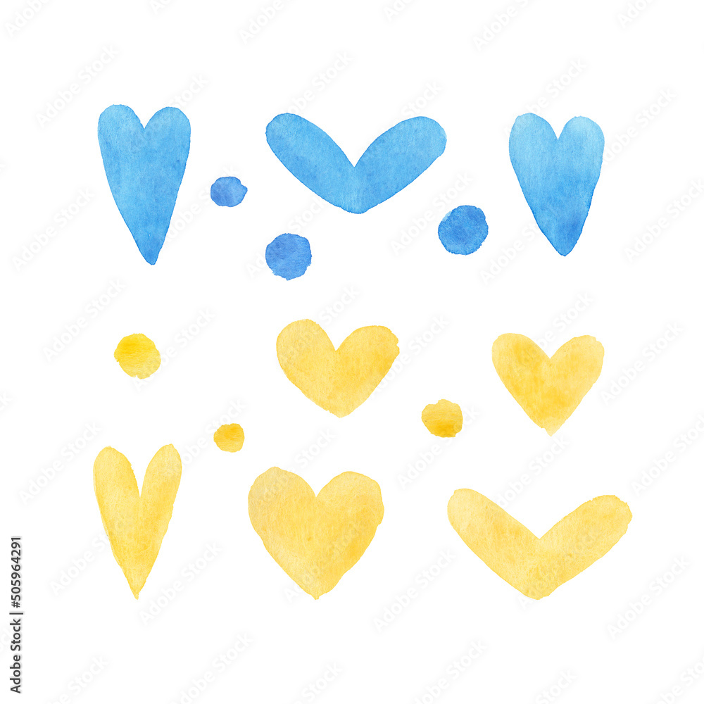 watercolor hearts in colors of ukrainian flag isolated on white