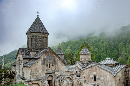 Haghartsin monastery complex with foggy background