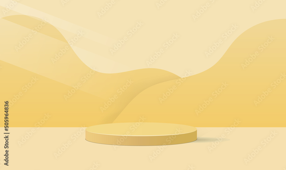 Summer podium on yellow color with sun. Fresh color. 3d pedestal for presentation product.