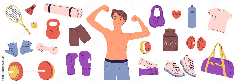 Young athletic man and various gym equipment. Barbell, dumbbell, workout bag, sneakers. Workout stuff bundle. Isolated flat vector illustration. Young athletic man and various gym equipment. Barbell, dumbbell, workout bag, sneakers. Workout stuff bundle. Isolated flat vector illustration.