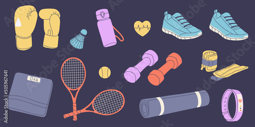 Set of elements for training in the gym. Yoga mat, boxing gloves, dumbbells, rackets.Various sport inventory set. Isolated flat vector illustration.