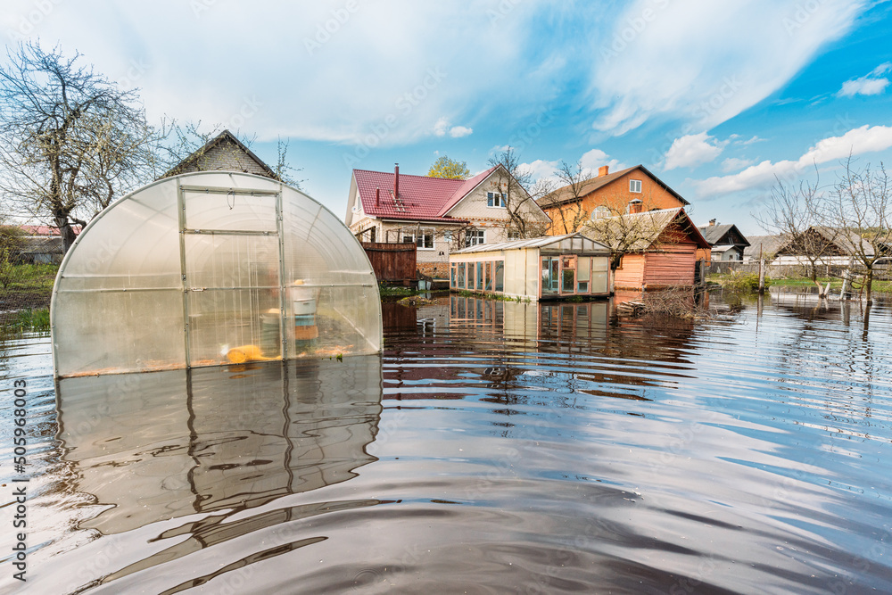 Vegetable Garden Beds In Water During Spring Flood floodwaters during natural disaster. Greenhouse Hothouse in Water deluge During A Spring Flood. inundation River. - obrazy, fototapety, plakaty 