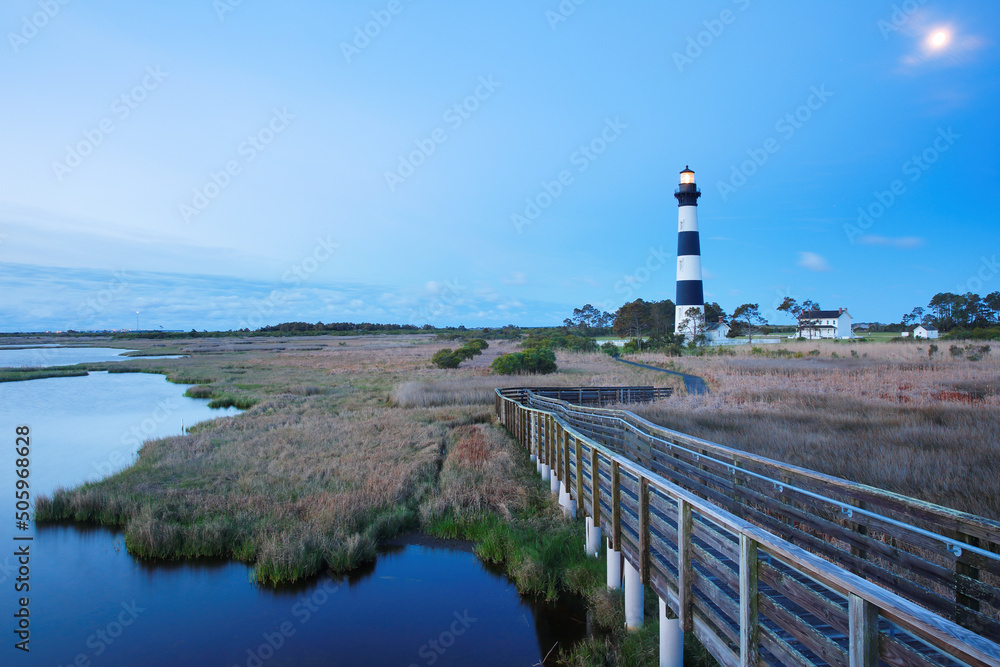 Bodie Island Lighthouse before sunrise at Nags Head, Outer banks, North Carolina, USA. The lighthouse was built in 1872 and stands 156 ft tall and  is located on the Roanoke Sound side.