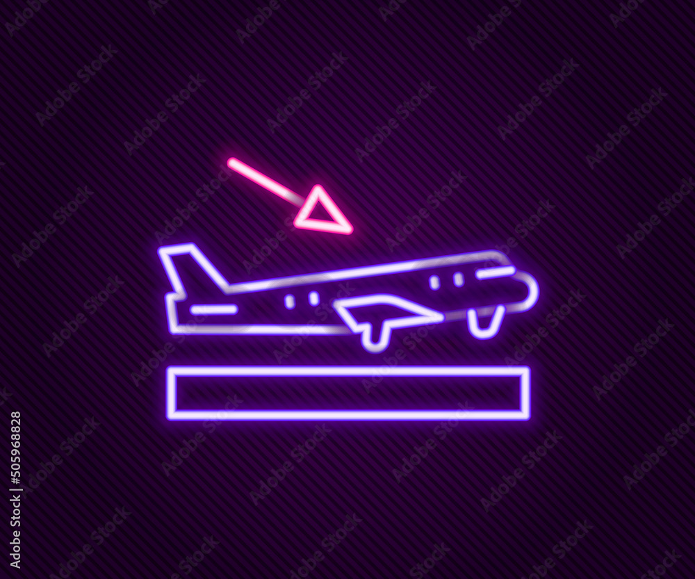 Glowing neon line Plane landing icon isolated on black background. Airplane transport symbol. Colorful outline concept. Vector
