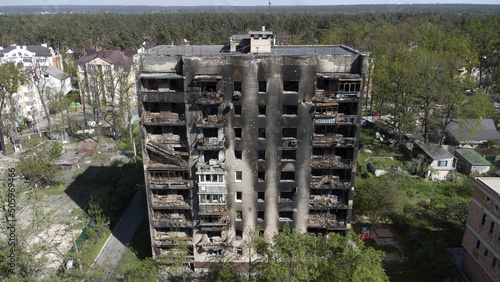 War in Ukraine. Ruins of a house in Irpin city. Burned house.