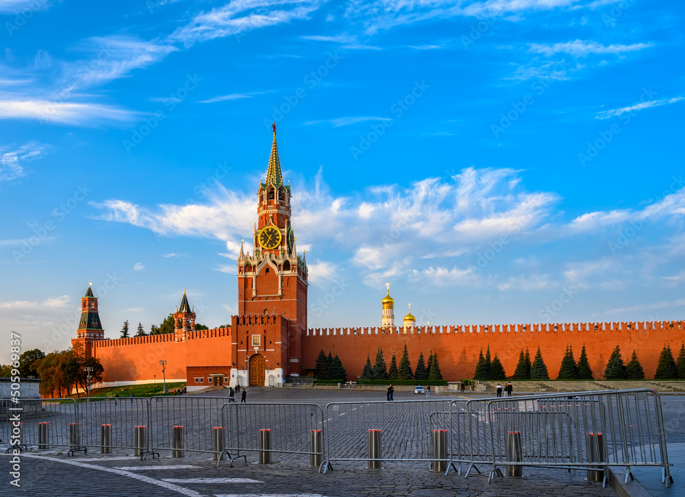 Spasskaya Tower, Moscow Kremlin and Red Square in Moscow, Russia. Architecture and landmarks of Moscow.