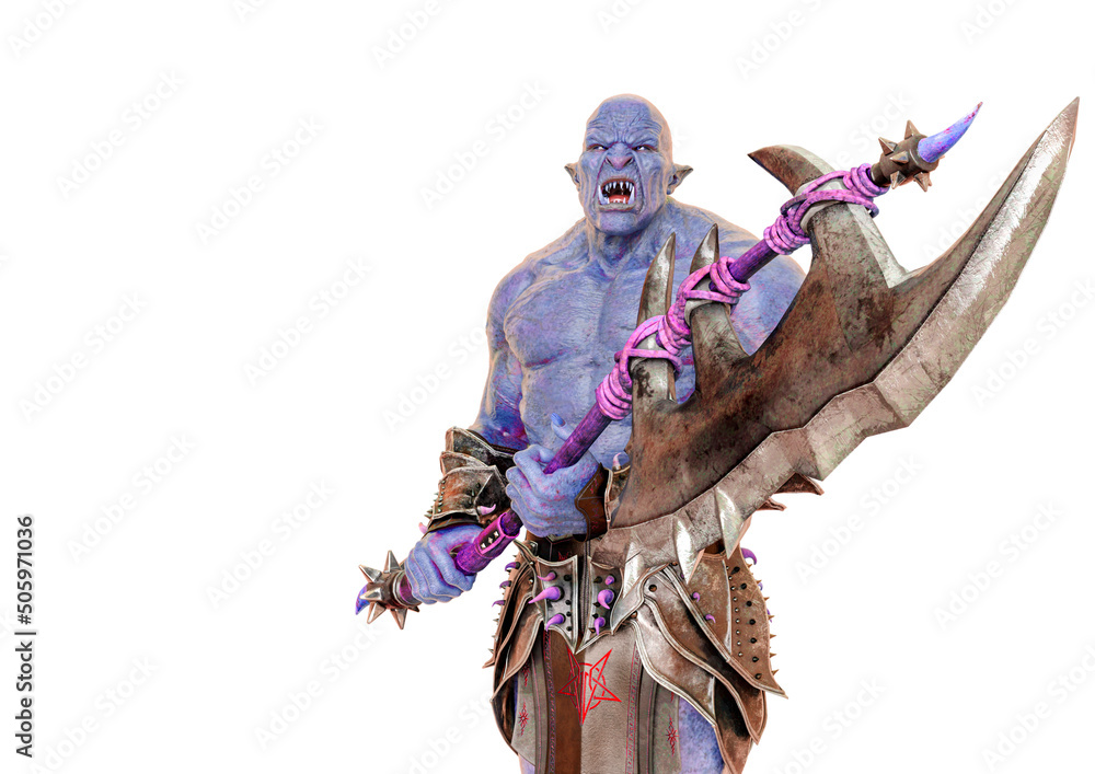 green orc holding a huge axe in a white background - obrazy, fototapety, plakaty 