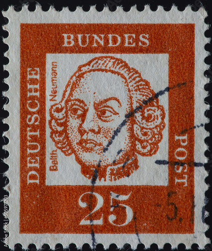 Fényképezés GERMANY - CIRCA 1961: a postage stamp from GERMANY, showing a portrait of the most important builder of the baroque and rococo period, Balthasar Neumann from the Czech Republic
