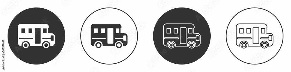 Black School Bus icon isolated on white background. Public transportation symbol. Circle button. Vector Black School Bus icon isolated on white background. Public transportation symbol. Circle button. Vector