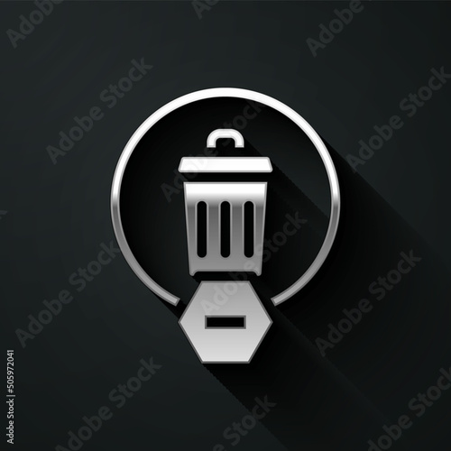 Silver Trash can icon isolated on black background. Garbage bin sign. Recycle basket icon. Office trash icon. Long shadow style. Vector