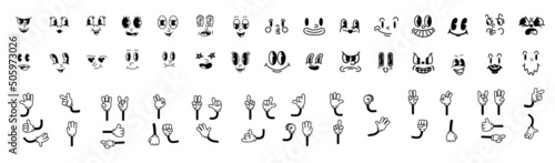 Vintage cartoon hands in gloves and characters . Cute animation character body parts. Comics arm gestures and faces vector set. Different arm movements and positions