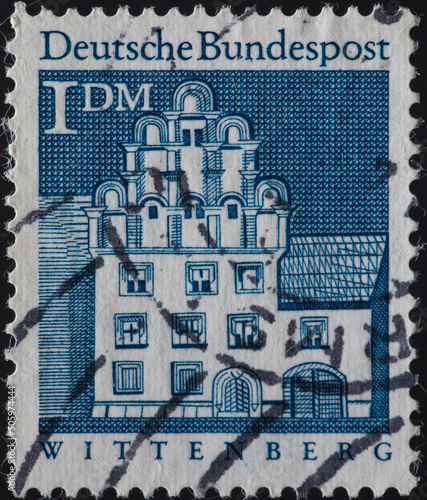 GERMANY - CIRCA 1966: a postage stamp from GERMANY, showing the historic building Melanchthonhaus in Lutherstadt Wittenberg. Circa 1966