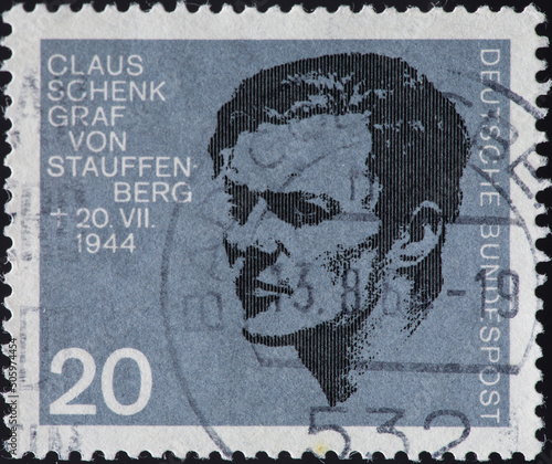 GERMANY - CIRCA 1964: a postage stamp from GERMANY, showing a portrait of the resistance fighter against Hitler Claus Schenk Graf von Stauffenberg . Circa 1964 photo