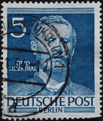 GERMANY-BERLIN - CIRCA 1952: a postage stamp from GERMANY-BERLIN, showing a portrait of the aviator and aviation pioneer Otto Lilienthal .Circa 1952 photo