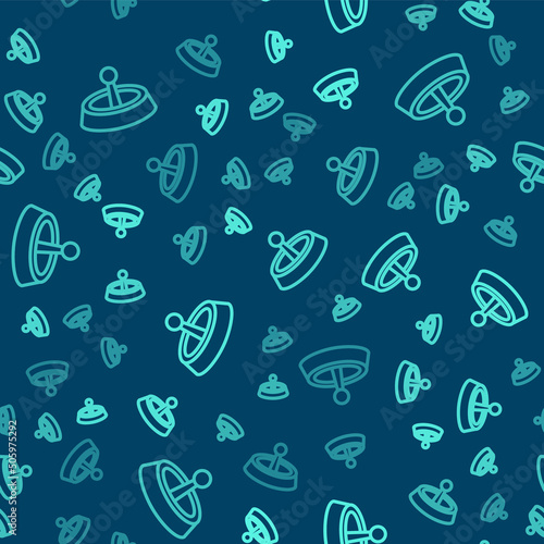 Green line Casino roulette wheel icon isolated seamless pattern on blue background. Vector