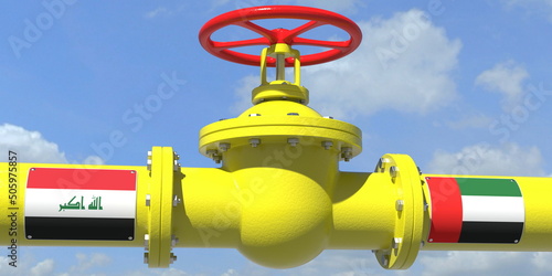 IRAQ UAE gas or oil transit concept. Pipe with valve, 3D rendering