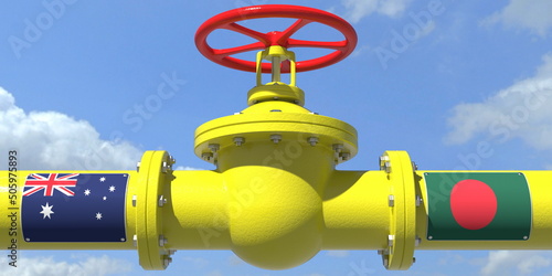 AUSTRALIA BANGLADESH oil or gas transportation concept, pipe with valve. 3D rendering