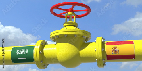 SAUDI ARABIA SPAIN gas or oil transit concept. Pipe with valve, 3D rendering