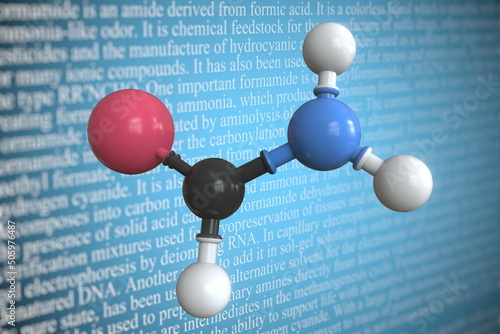 Formamide scientific molecular model, 3D rendering photo