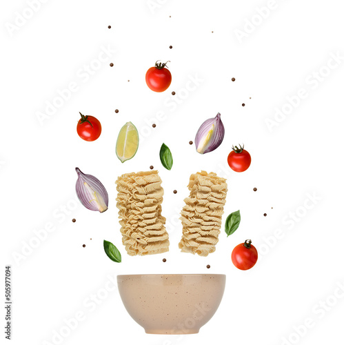 noodle ramen with wegetables isolated on whitr background photo