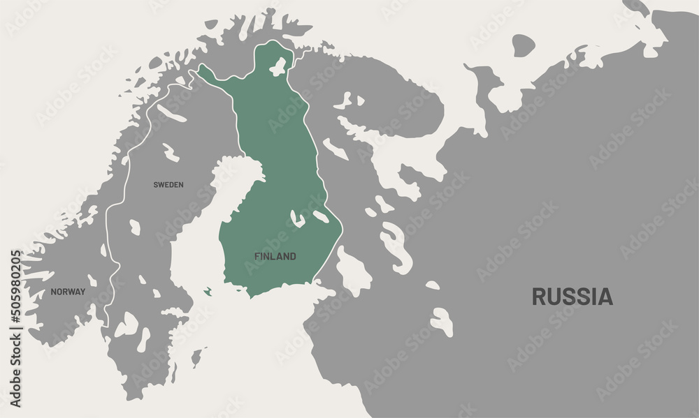 Finland on world map. Finland colored differently from other countries. Vector map design. Representation of the limits of the possibility of war with Russia.