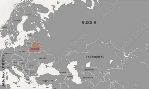 Belarus on world map. Belarusoncolored differently from other countries. Vector map design