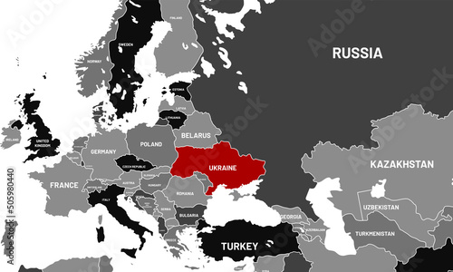 Ukraine on world map. Ukraine colored differently from other countries. Ukraine under attack is highlighted in red.