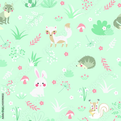 The best print for children s clothes. Forest  forest dwellers. Seamless pattern  illustration  vector.
