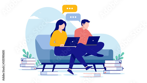 Learning together - Two people, man and woman studying with computers sitting in sofa. Online course and training concept, flat design vector illustration with white background