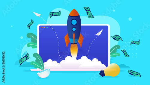 Business startup - Laptop computer with rocket ship launching, going fast upwards and making money. Starting online company concept. Vector illustration