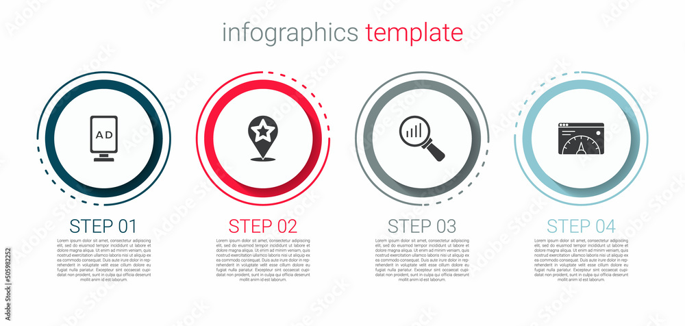 Set Advertising, Map pointer with star, Magnifying glass and analysis and Website statistic. Business infographic template. Vector Set Advertising, Map pointer with star, Magnifying glass and analysis and Website statistic. Business infographic template. Vector