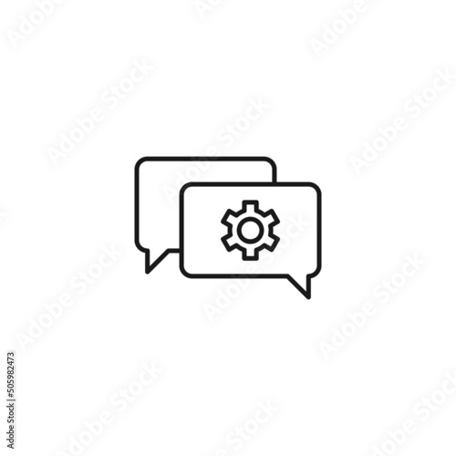 Monochrome outline sign drawn with black thin line. Modern symbol suitable for advertisement, web sites, stores. Vector line icon of gear or cogwheel inside of speech bubble