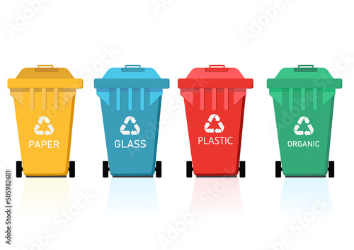 Recycle Bins.Green,blue,red,yellow and black Recycle Bins with recycle waste symbol on isolate background.