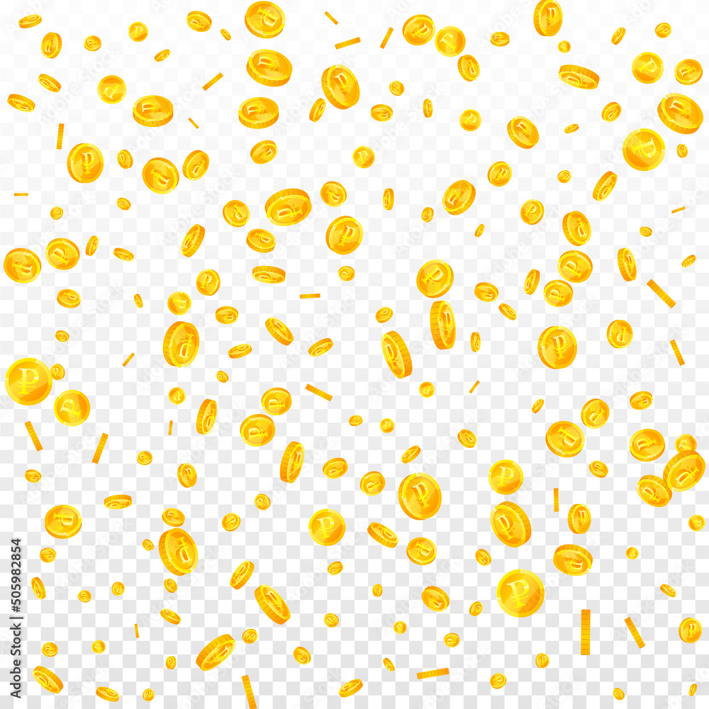 Russian ruble coins falling. Extraordinary scattered RUB coins. Russia money. Flawless jackpot, wealth or success concept. Vector illustration. Russian ruble coins falling. Extraordinary scattered RUB coins. Russia money. Flawless jackpot, wealth or success concept. Vector illustration.