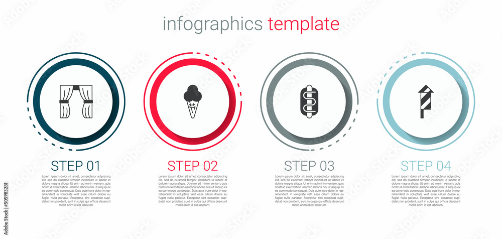 Set Circus curtain raises, Ice cream waffle cone, Hotdog sandwich and Firework rocket. Business infographic template. Vector Set Circus curtain raises, Ice cream waffle cone, Hotdog sandwich and Firework rocket. Business infographic template. Vector