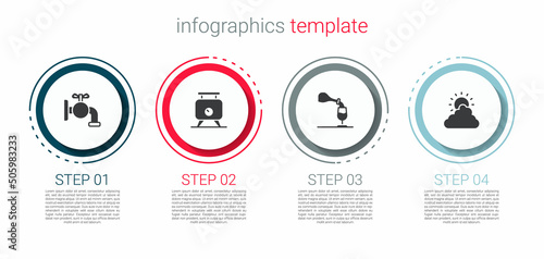 Set Tap for a barrel, Fermentation of grapes, Wine tasting, degustation and Sun and cloud weather. Business infographic template. Vector