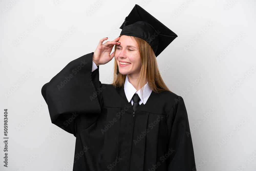 Young university graduate English woman isolated on white background has realized something and intending the solution Young university graduate English woman isolated on white background has realized something and intending the solution