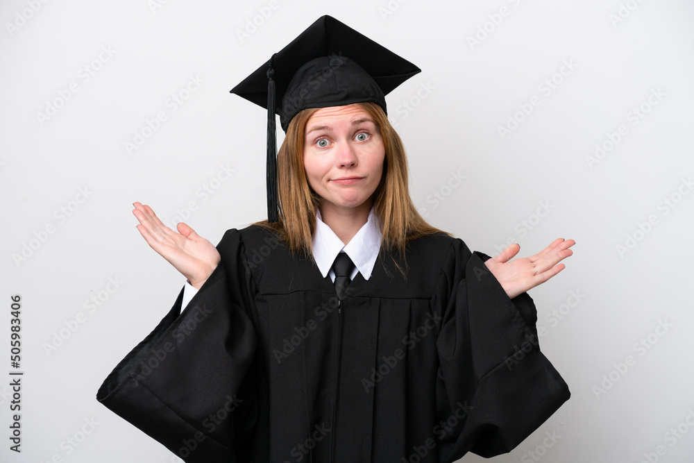 Young university graduate English woman isolated on white background having doubts while raising hands Young university graduate English woman isolated on white background having doubts while raising hands