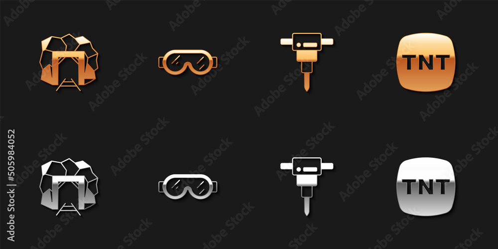 Set Mine entrance, Safety goggle glasses, Construction jackhammer and Dynamite icon. Vector Set Mine entrance, Safety goggle glasses, Construction jackhammer and Dynamite icon. Vector