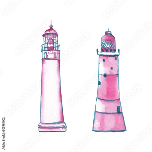 Watercolor lighhouse clipart.  illustration isolated on white. Hand painted  clipart. Ocean, sea life creatures, marine, nautical decor in pink, blue, green colors.  photo