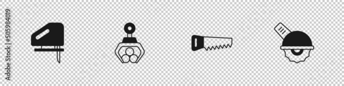 Set Electric jigsaw, Grapple crane grabbed log, Hand and circular icon. Vector