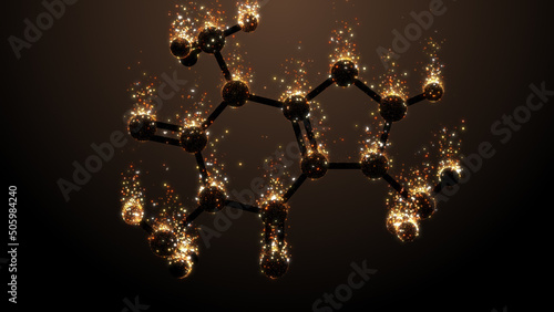 Caffeine molecule. Caffeine is a drug that stimulates the activity of your brain and nervous system by blocking the action of adenosine - 3D illustration rendering photo