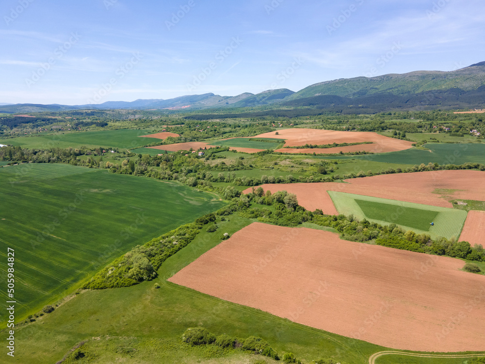 Spring Aerial view of rural land near town of Godech, Bulgaria