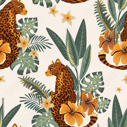 Tropical vector seamless pattern. Tiger, palm trees, green leaves, monstera, exotic flowers summer texture