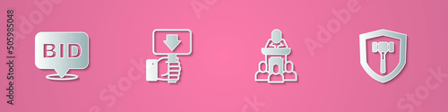 Set paper cut Bid, Hand holding auction paddle, Auction auctioneer sells and hammer icon. Paper art style. Vector