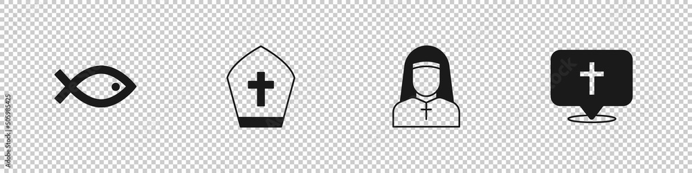 Set Christian fish symbol, Pope hat, Nun and Location church building icon. Vector Set Christian fish symbol, Pope hat, Nun and Location church building icon. Vector