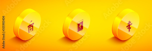 Set Isometric Church sermon tribune, Holy bible book and Christian cross icon. Vector